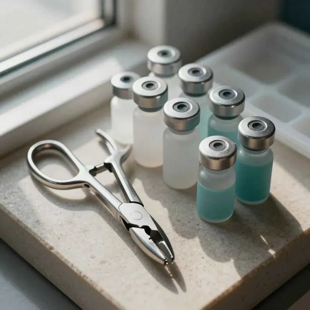 Top-down macro of clinical clamps, sample vials and a frosted tray on pale stone