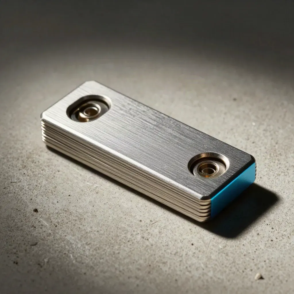 Hardware token in milled reader shell with metal tabs on pale concrete, cyan accent