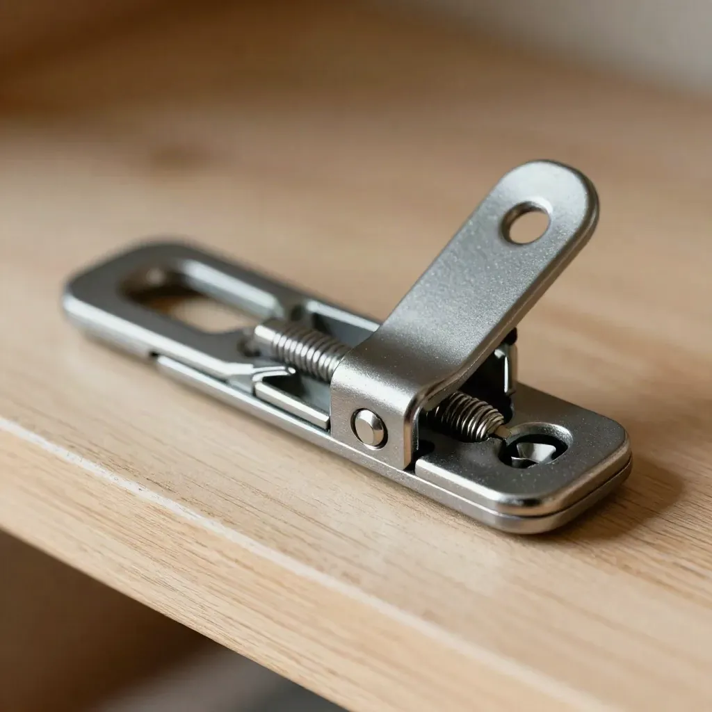Anodised shelf bracket locking into a garment rail coupler beside a folding clip on pale wood.