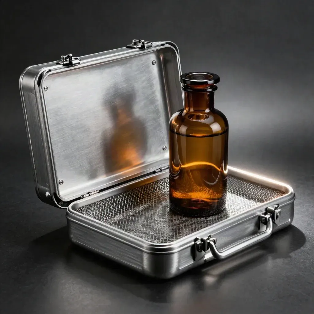 Amber reagent bottle, aluminium case, and mesh tray on brushed metal under dramatic light.