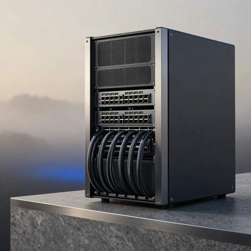 Graphite server chassis with fibre loops on a sage-grey stone plinth in soft dawn mist.