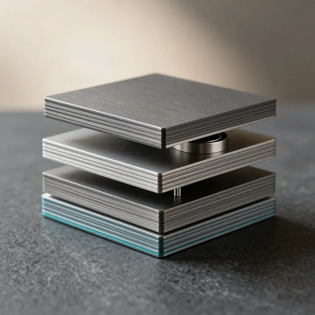 Macro of stacked anodised spacer blocks and plates on dark stone with cool vapour