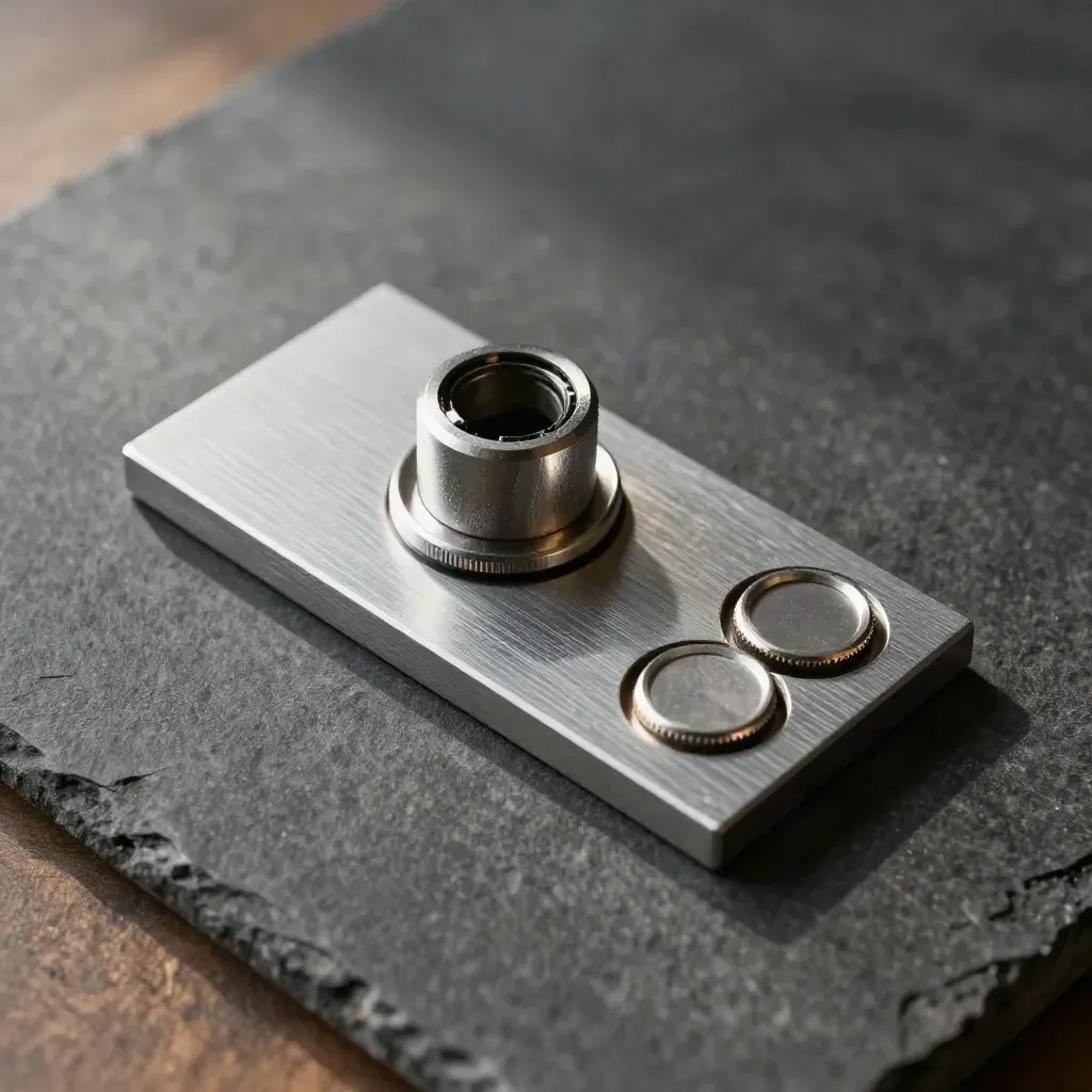 Brushed aluminium planning tile with fibre coupler and two SSD blanks on graphite stone.