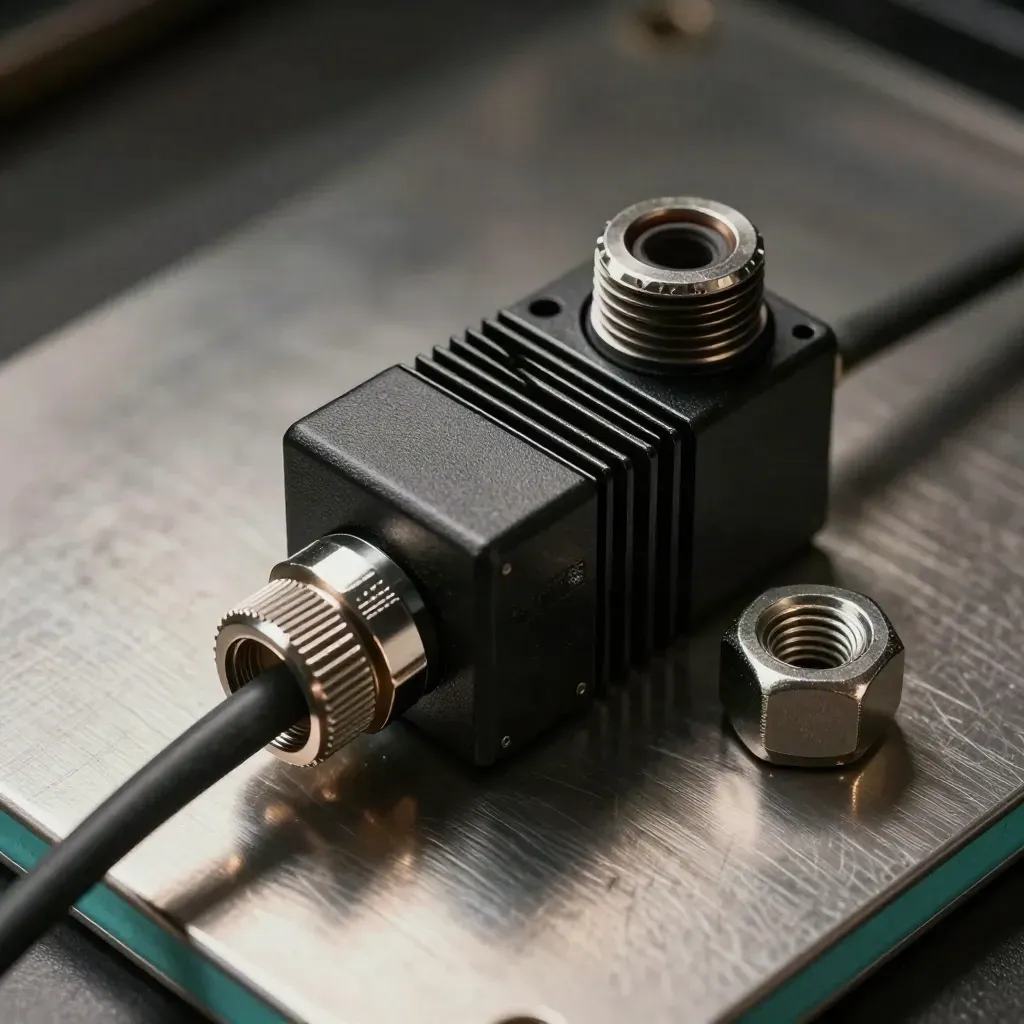 Industrial relay block, conduit cap, and cable gland on brushed aluminium under dramatic studio light.