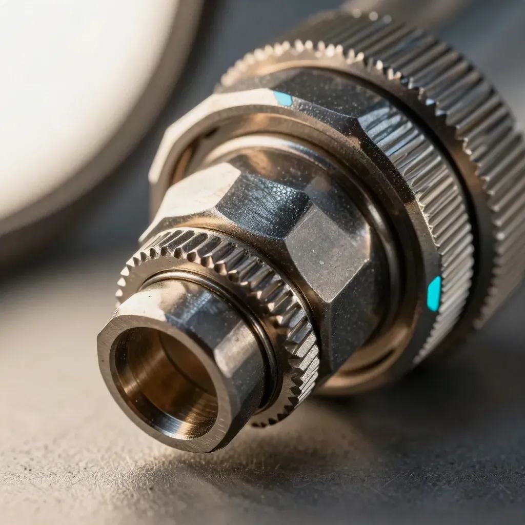 Macro of linked metal couplers and adapters on brushed steel with a subtle cyan accent.