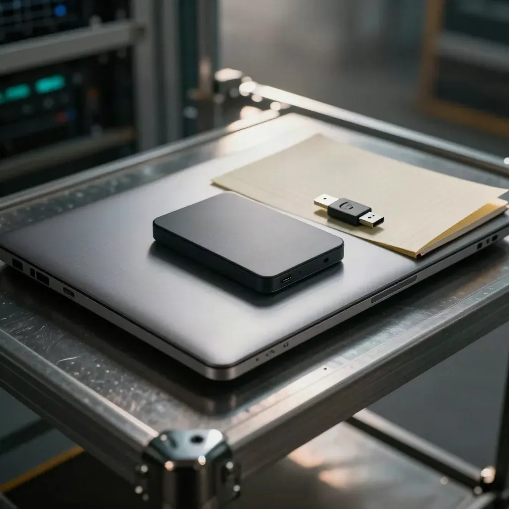 Closed aluminium laptop, SSD, USB key and notebook staged on a rack shelf in dim industrial mist.