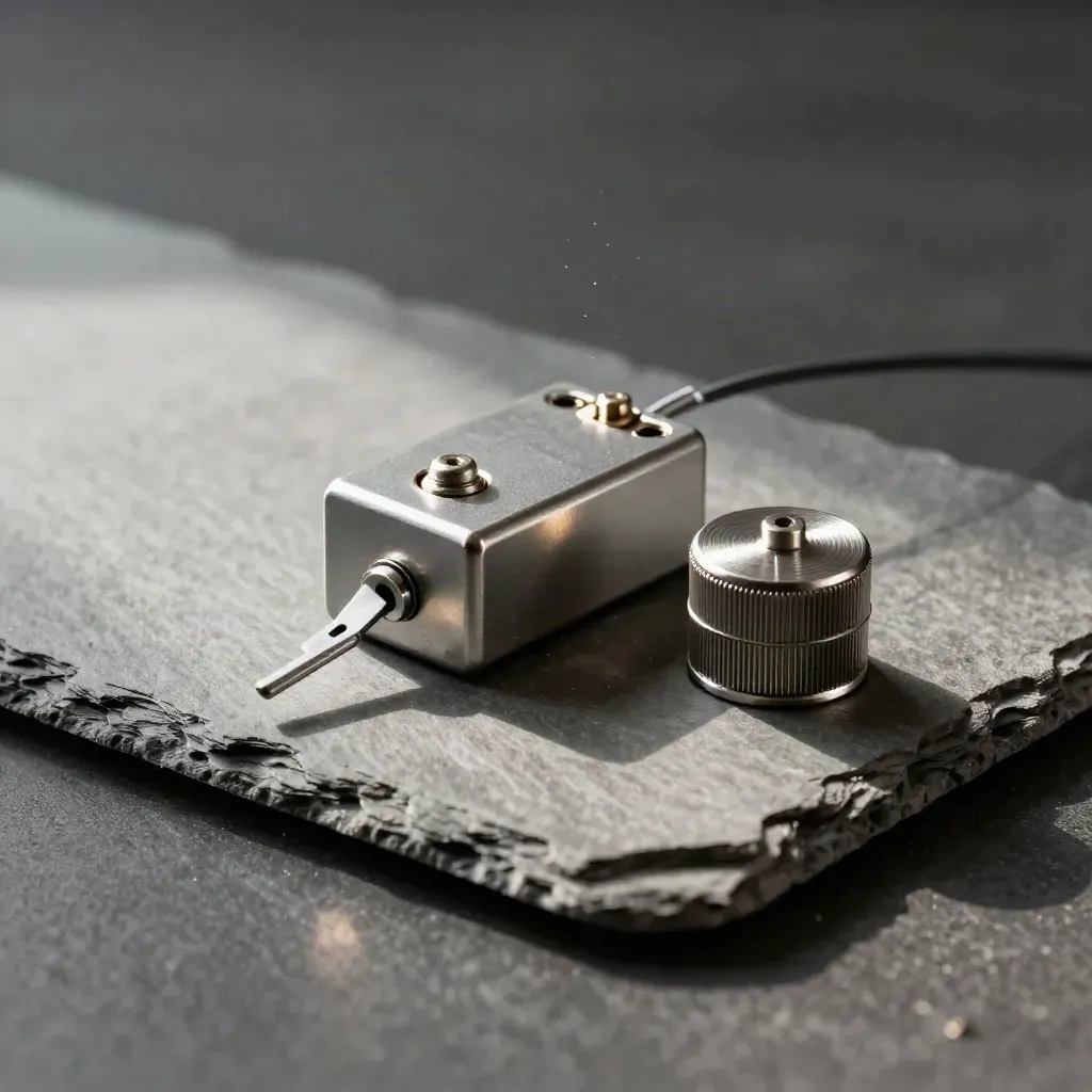 Mechanical relay, sensor puck and cable ties on graphite slate, lit by soft daylight.