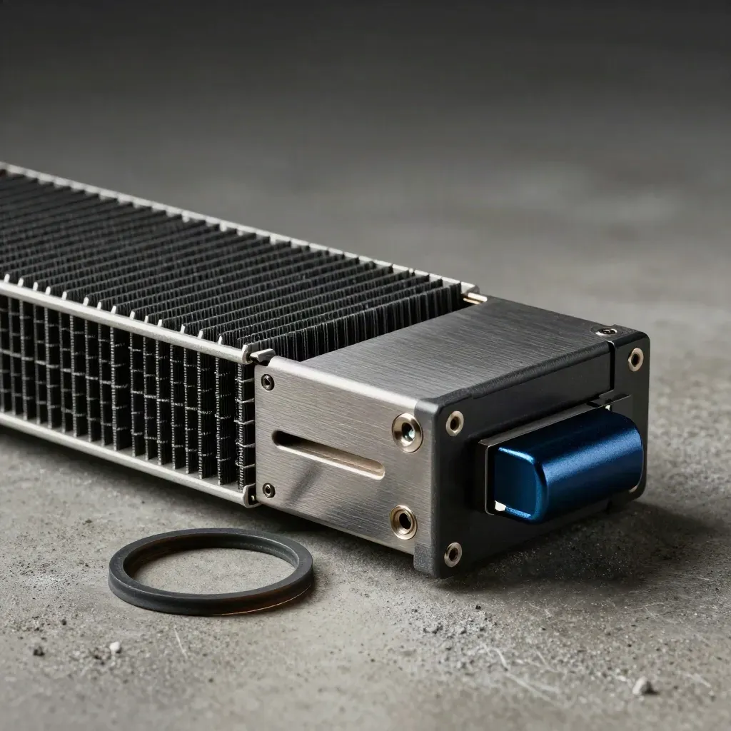 Server sled beside a cooling fin block and gasket ring on matte concrete, lit with skimming directional light.