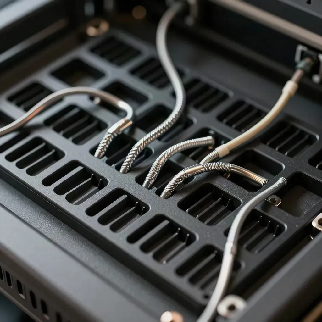 Top-down macro of rack blanking panels, cable combs and patch leads on matte black composite.