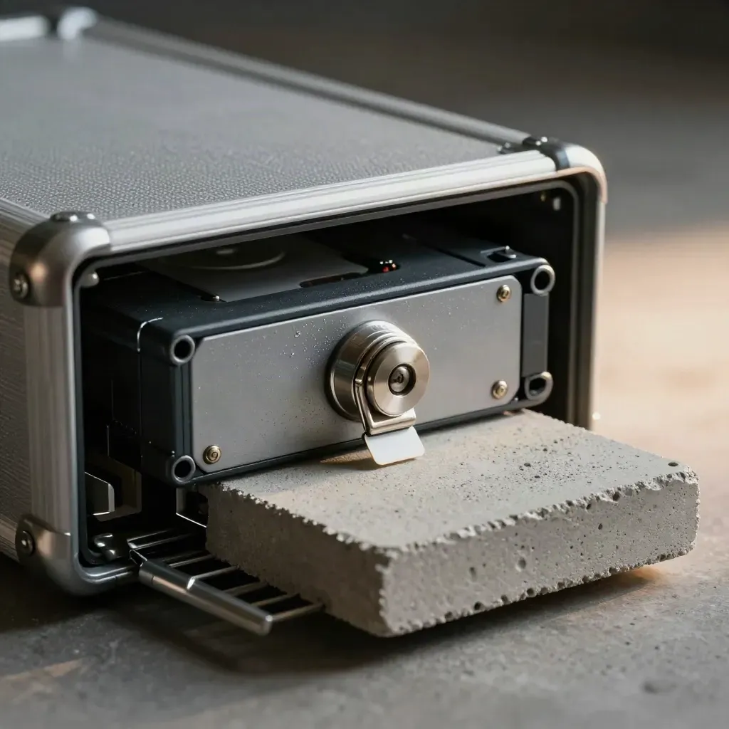 Hot-swap caddy, tape cartridge and lock cylinder half-seated in a migration case on brushed concrete.