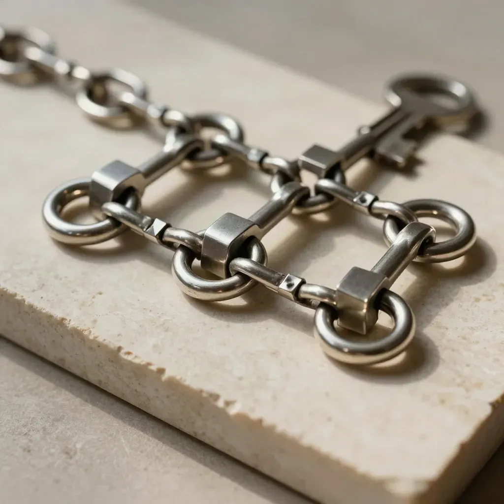 Silver connector rings bridge machined blocks on pale stone in dramatic light