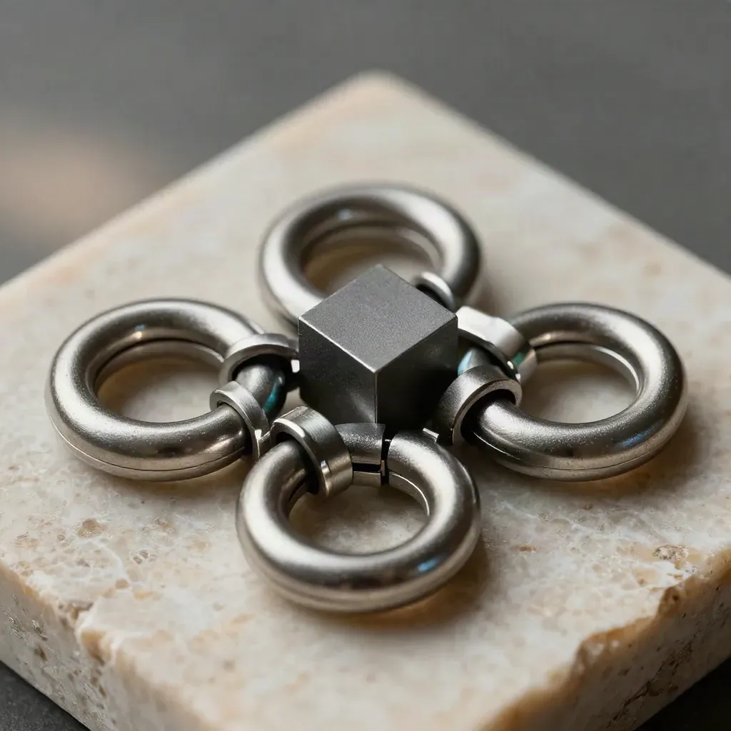 Macro of linked metal loops and modular cubes on pale stone, one cube rotated, with a subtle teal reflection