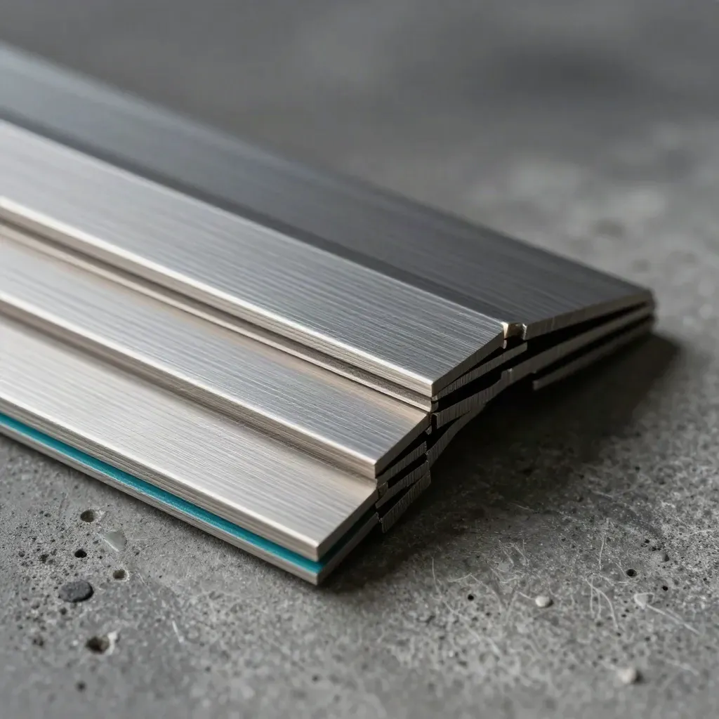 Macro of hinged metal precision plates and connector shims on graphite concrete