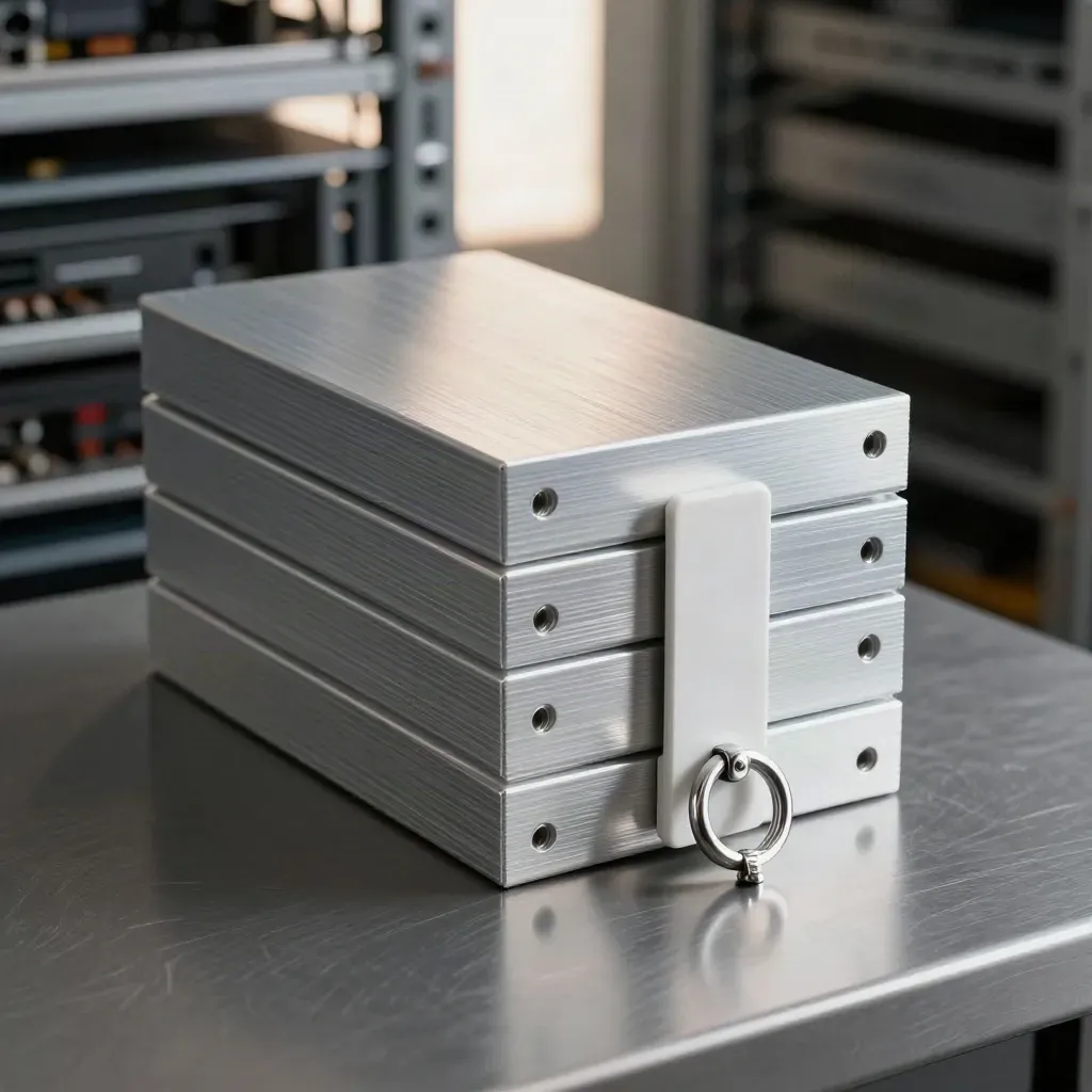 Aluminium blocks, bridge connector, and ring couplers on brushed graphite in dramatic diagonal light.