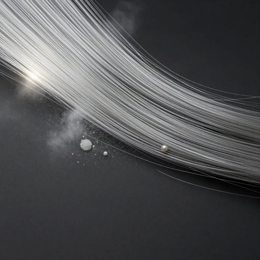 Silver light filaments bloom in dark graphite haze, off-center with empty copy space.